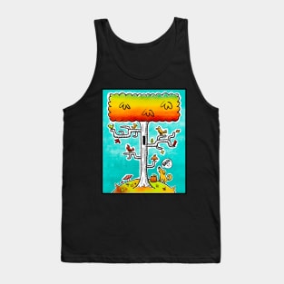 Dog Barking up Autumn Birch Tree with Birds Tank Top